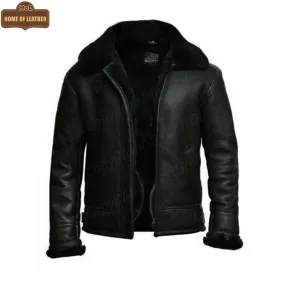 B004 B3 RAF Flying Aviator Real Fur Bomber Black Winter Genuine Leather Men's Jacket