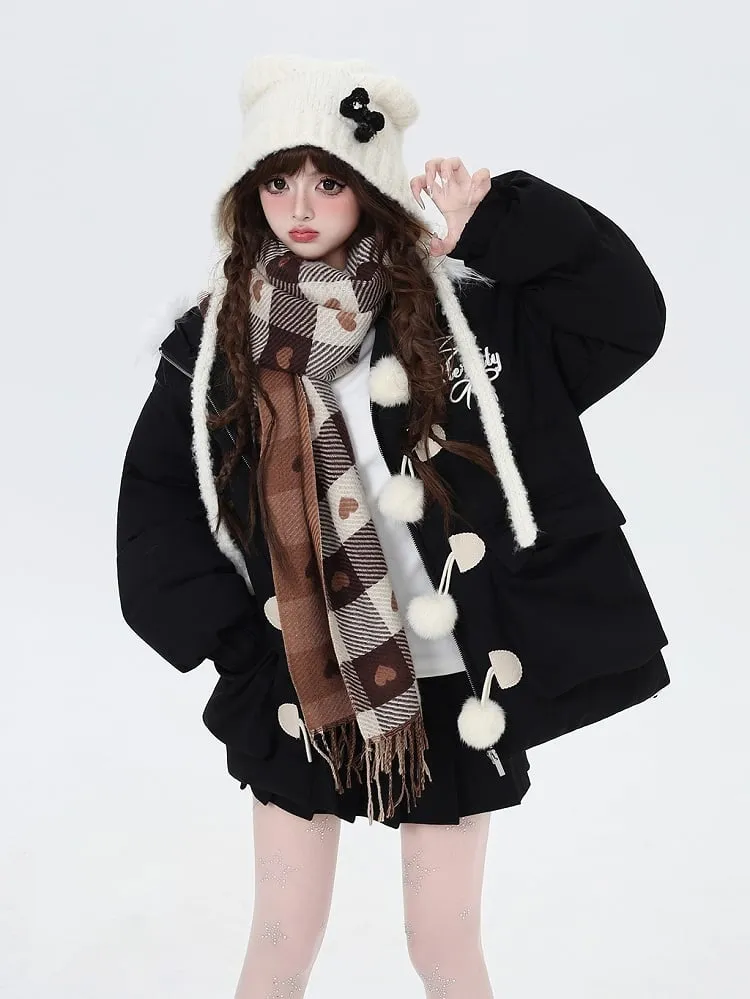 Black Apricot Fleece Lined Faux Fur Trim Hooded Coat