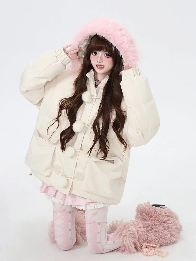 Black Apricot Fleece Lined Faux Fur Trim Hooded Coat
