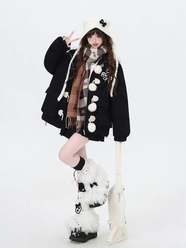Black Apricot Fleece Lined Faux Fur Trim Hooded Coat