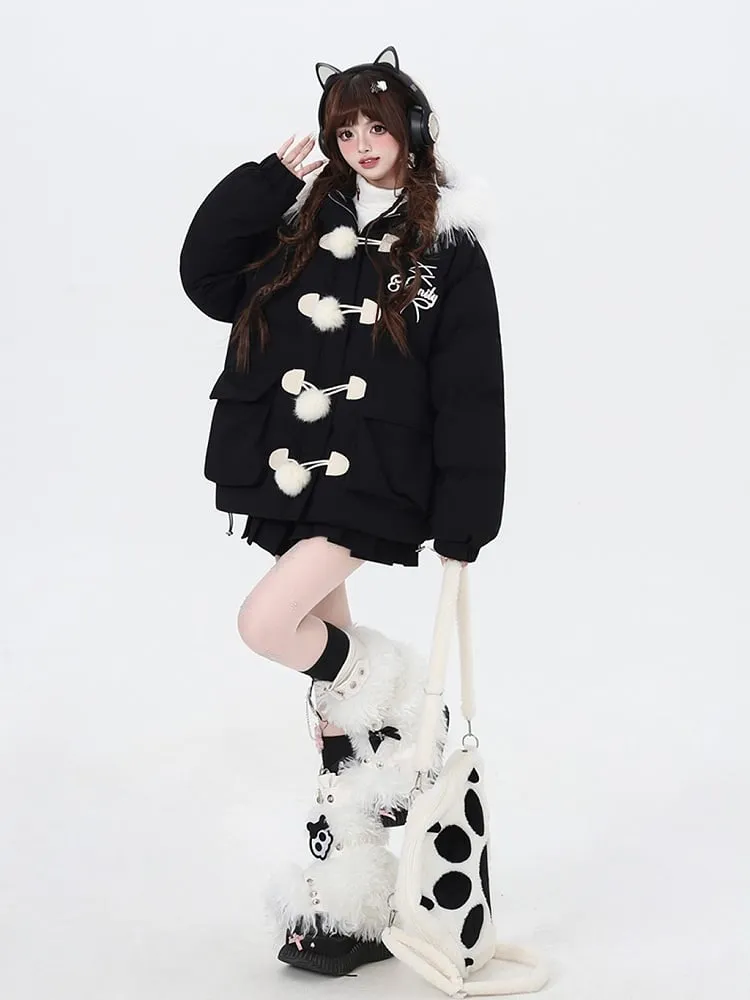 Black Apricot Fleece Lined Faux Fur Trim Hooded Coat