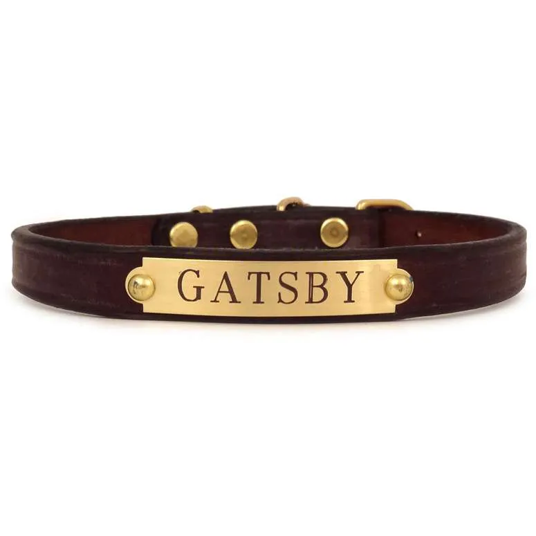 Classic Flat Leather Collar with Engraved Plate