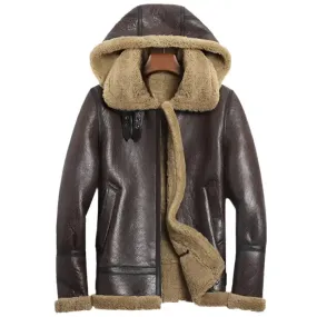 Men's Hooded Brown Shearling Aviator Jacket – B-3 Sheepskin Coat