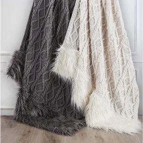 Nordic Cable Knit & Mongolian Fur Throw Blanket