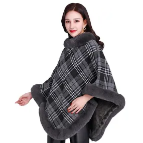 Party Outfit Grey Grid Winter Thick Warm Poncho with Faux Rabbit Fur Collar