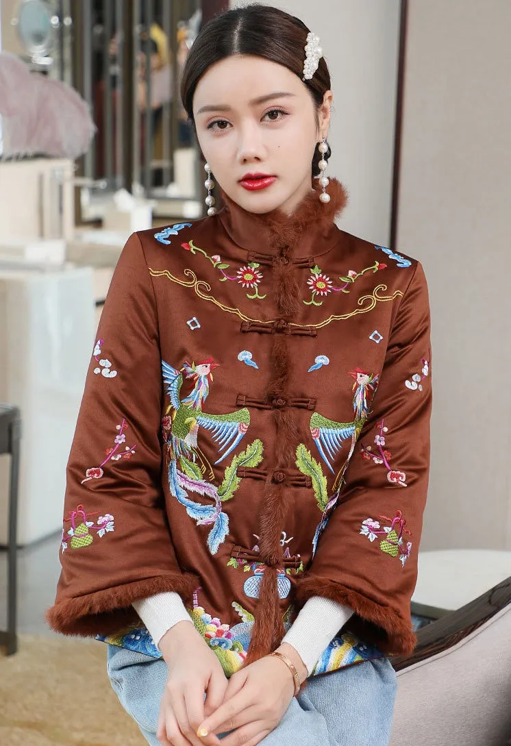 Phoenix Embroidery Retro Chinese Style Brocade Wadded Coat Comfort Fit