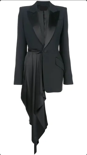 Plain Black Blazer Dress with a Long Side Drape