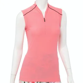 Sleeveless Fagotting Trim Zip Mandarin Collar Polo - SALE