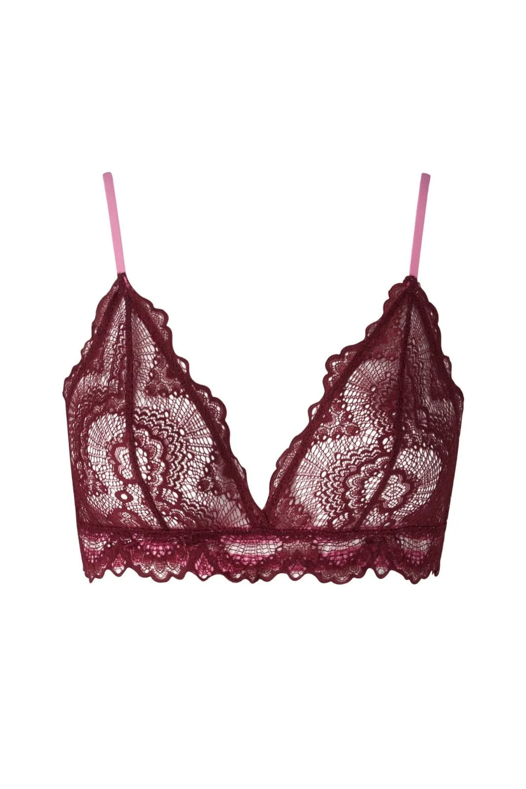 Understatement Underwear - Lace Triangle Bralette - Burgundy / Candy Pink