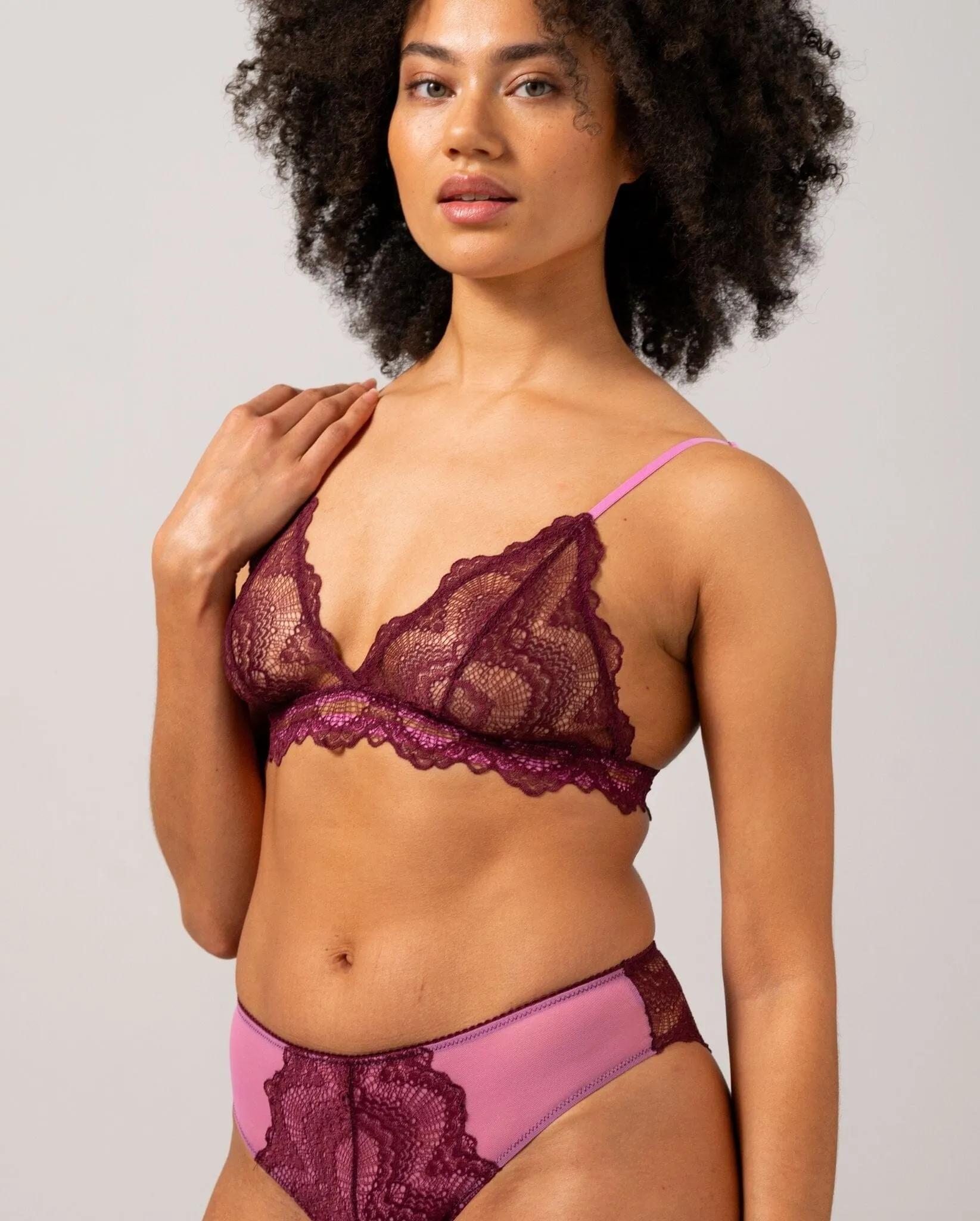 Understatement Underwear - Lace Triangle Bralette - Burgundy / Candy Pink